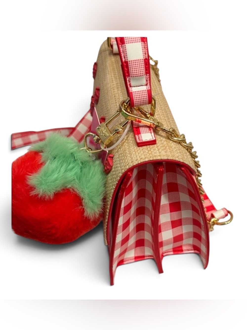 BETSEY Johnson strawberry gingham straw Crossbody bag NWT Red white picnic - Picture 8 of 13